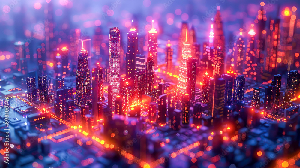 A vibrant, illuminated cityscape with tall skyscrapers glowing in pink and blue hues during the night A vibrant, illuminated cityscape with tall skyscrapers glowing in pink and blue hues during the night