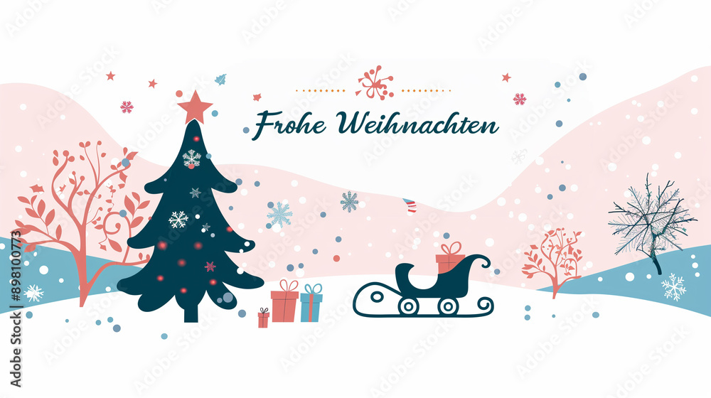 Christmas card withsmall tree, sleigh with presents and stars in the sky. The text Christmas card withsmall tree, sleigh with presents and stars in the sky. The text