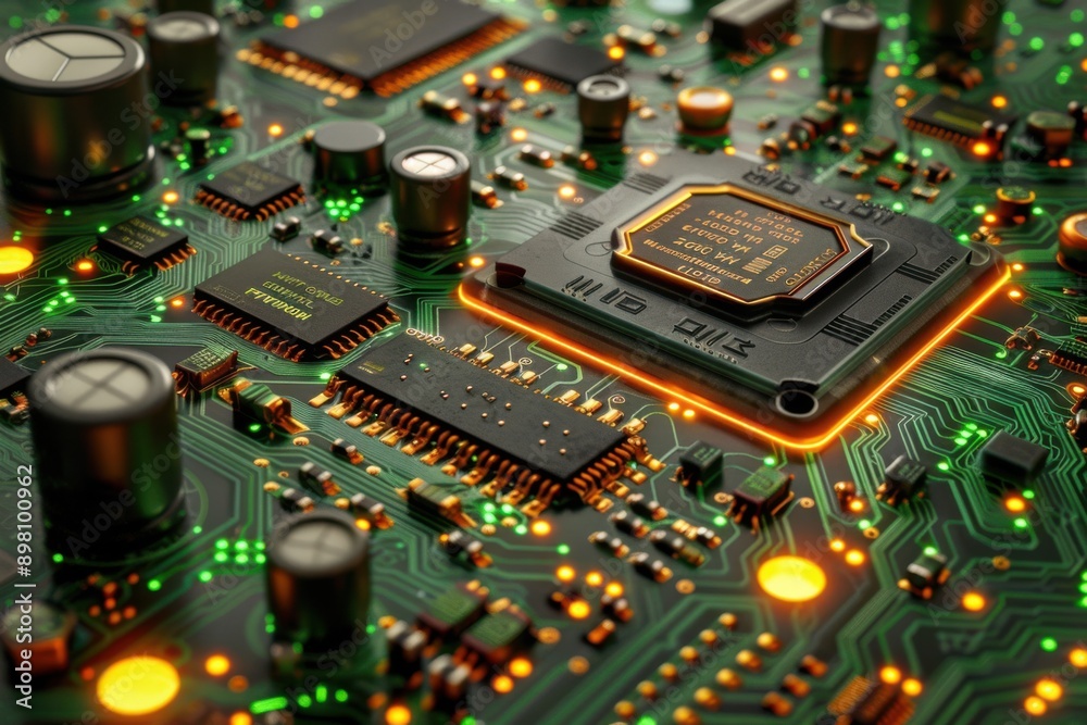 A close-up of a detailed circuit board with green pathways and glowing orange lights. A close-up of a detailed circuit board with green pathways and glowing orange lights.