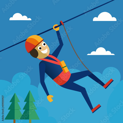 vector cartoon man on zipline, zip-wire, flying fox, above tree tops, fun activity adventure