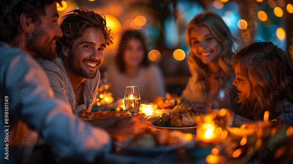 Family enjoying a cozy dinner around a modern dining table with a smart home system controlling lighting and music Family enjoying a cozy dinner around a modern dining table with a smart home system controlling lighting and music