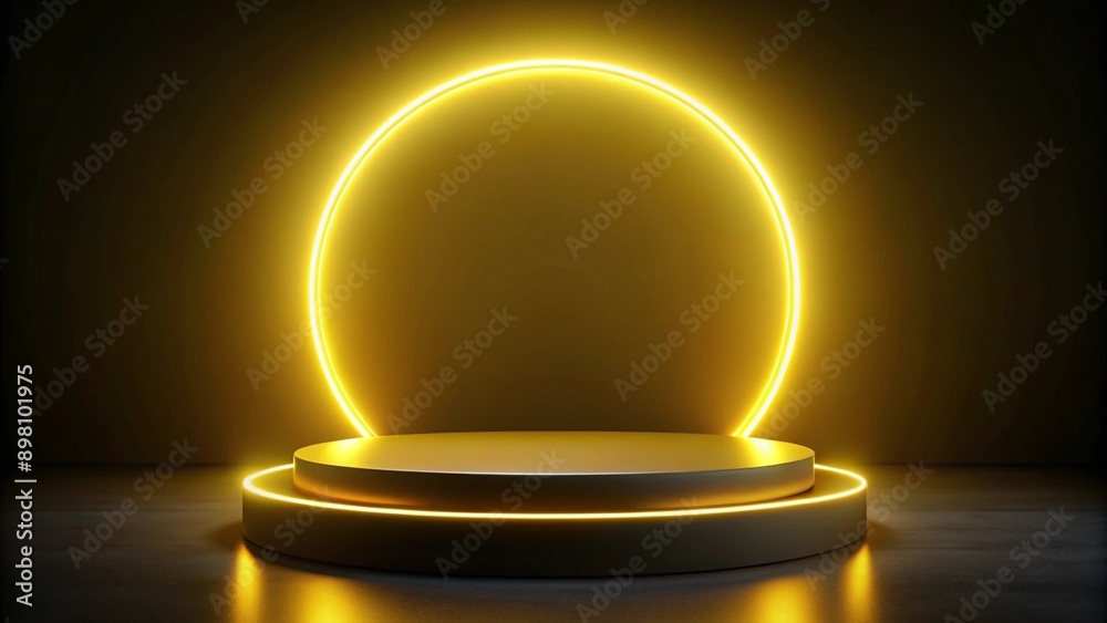 A circular yellow neon podium with a halo effect, set against a dark, illuminated backdrop with minimalistic design elements, ideal for a modern and stylish presentation. A circular yellow neon podium with a halo effect, set against a dark, illuminated backdrop with minimalistic design elements, ideal for a modern and stylish presentation.