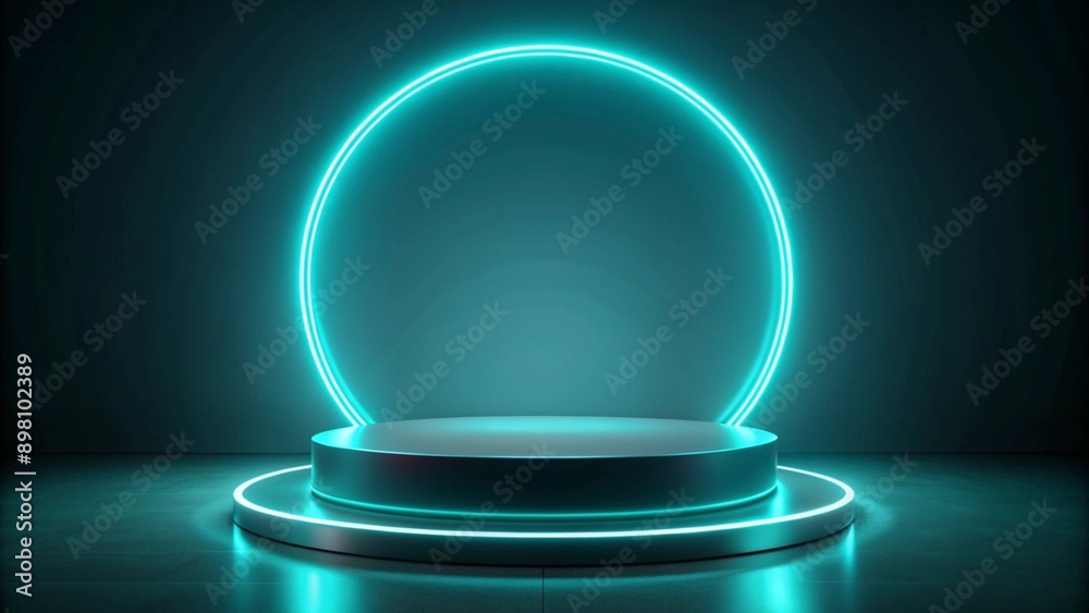 A circular turquoise neon podium with a halo effect, set against a dark, illuminated backdrop with minimalistic design elements, ideal for a modern and stylish presentation. A circular turquoise neon podium with a halo effect, set against a dark, illuminated backdrop with minimalistic design elements, ideal for a modern and stylish presentation.