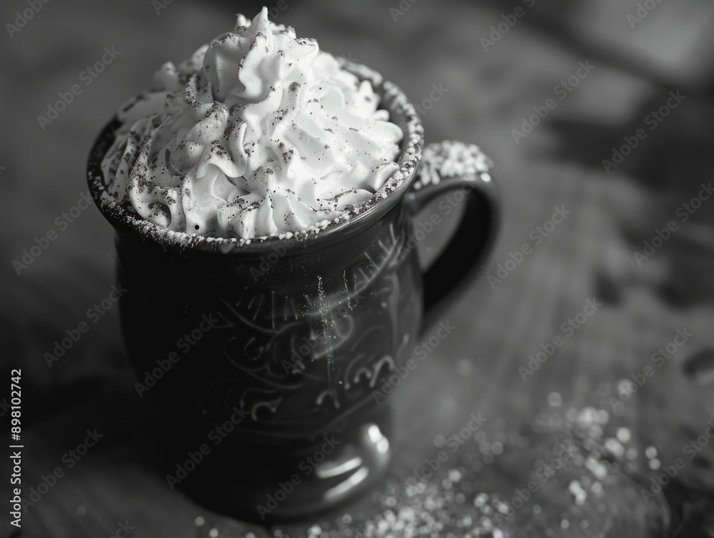 A cup of hot chocolate with whipped cream, topped with cinnamon. A cup of hot chocolate with whipped cream, topped with cinnamon.