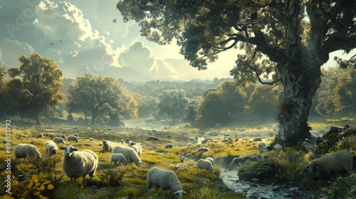 A Peaceful Pastoral Scene with Sheep Grazing