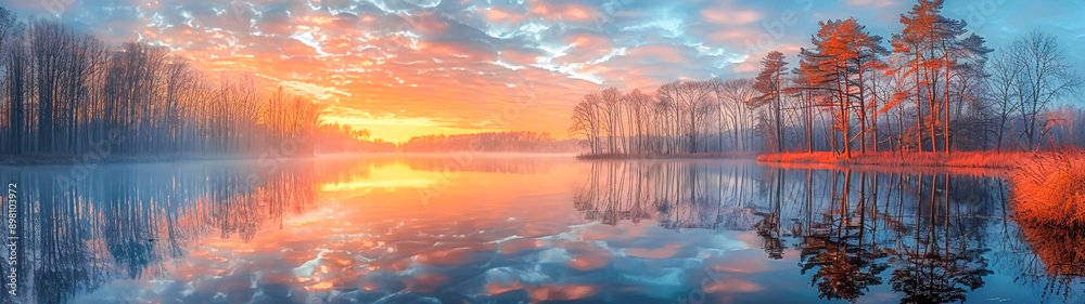 Tranquil Lake with Silhouetted Trees Reflecting in Vibrant Sunrise Sky Tranquil Lake with Silhouetted Trees Reflecting in Vibrant Sunrise Sky