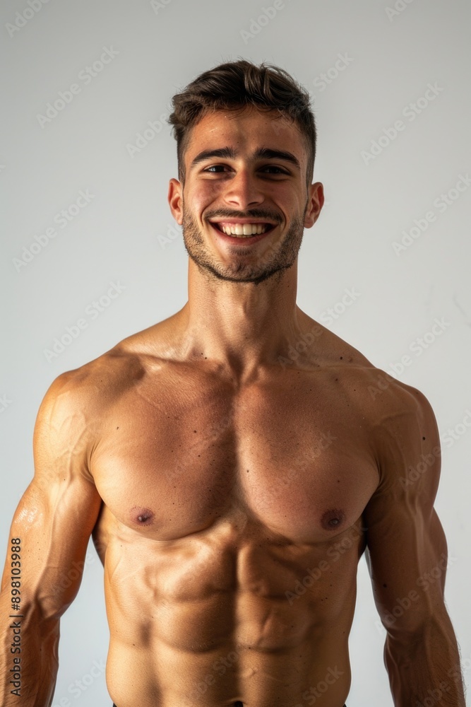 Smiling muscular male fitness model showcasing well-defined abs and physique. Smiling muscular male fitness model showcasing well-defined abs and physique.