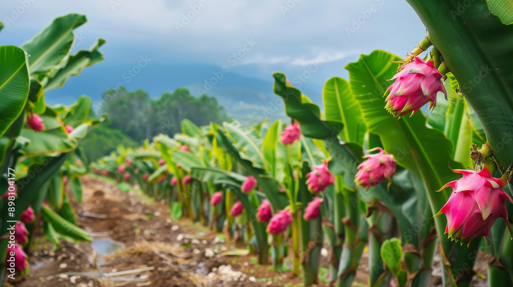 Dragon fruit farm with rows of plants growing in the open air Dragon fruit farm with rows of plants growing in the open air