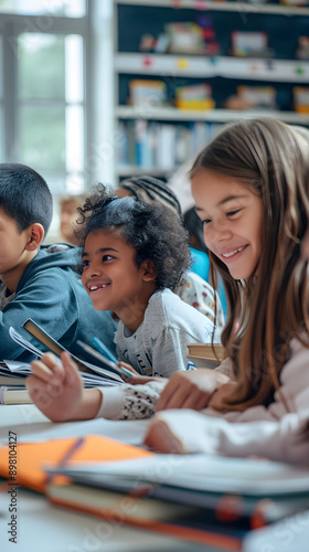 Diverse Students Actively Engaging in a Collaborative Learning Environment in a Modern Classroom