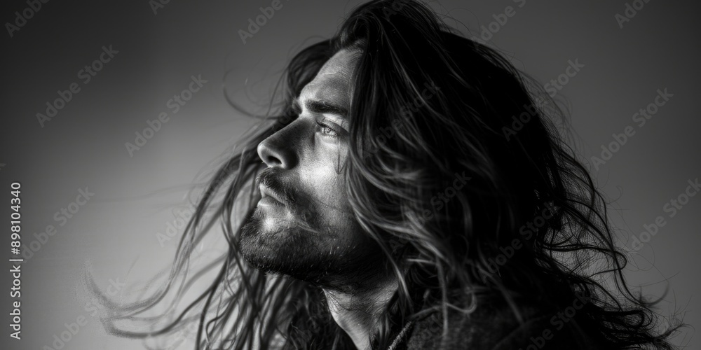 The image depicts a man with long hair, captured in a contemplative pose against a dark background. The subject's expression and the atmosphere suggest a mystical or fantastical theme. The image depicts a man with long hair, captured in a contemplative pose against a dark background. The subject's expression and the atmosphere suggest a mystical or fantastical theme.