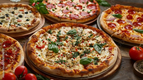 Assortment of Gourmet Pizzas with Fresh Basil