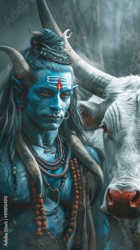 A blue-skinned, long-haired Lord Shiva standing next to a large white bull with red eyes. photo