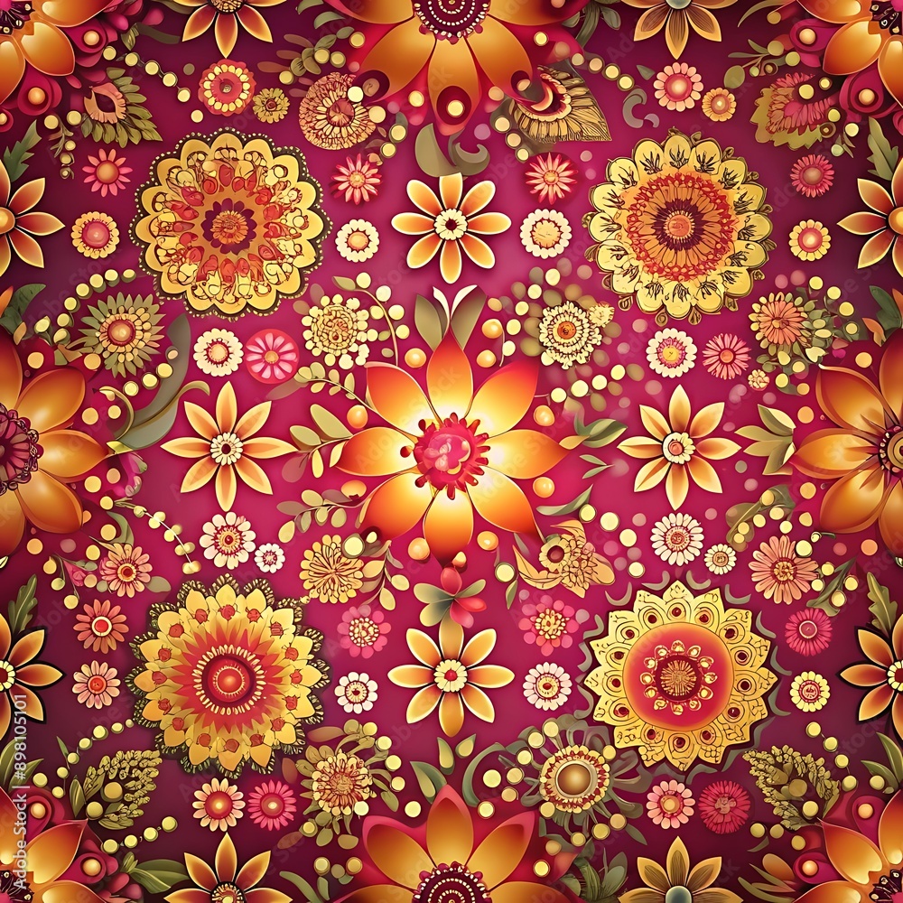 Floral Pattern with Yellow and Orange Flowers on a Burgundy Background. Floral Pattern with Yellow and Orange Flowers on a Burgundy Background.