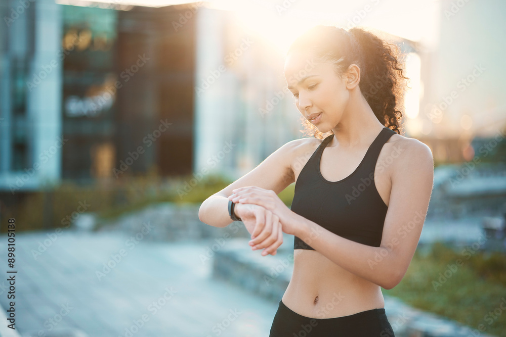 Fototapeta premium Fitness, running and watch with sports woman outdoor for cardio exercise or marathon training. Health, time and wellness with athlete person checking or tracking performance, progress and workout