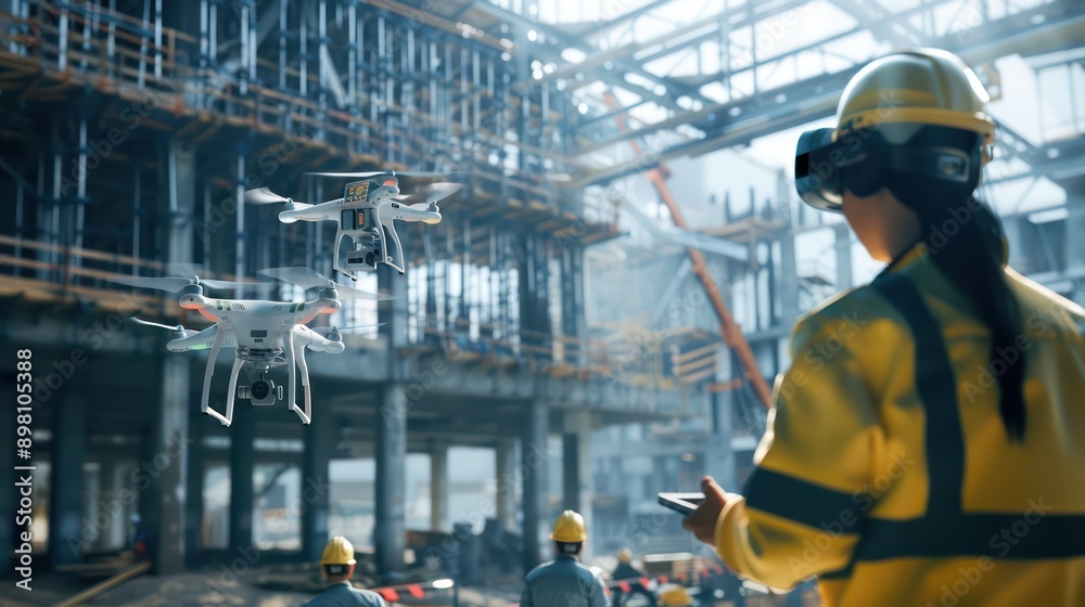 digital construction site with engineers using drones and AR glasses to oversee building progress and ensure precision digital construction site with engineers using drones and AR glasses to oversee building progress and ensure precision