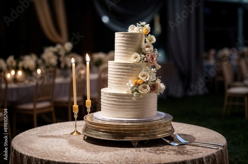 Luxury wedding cake with flowers photo