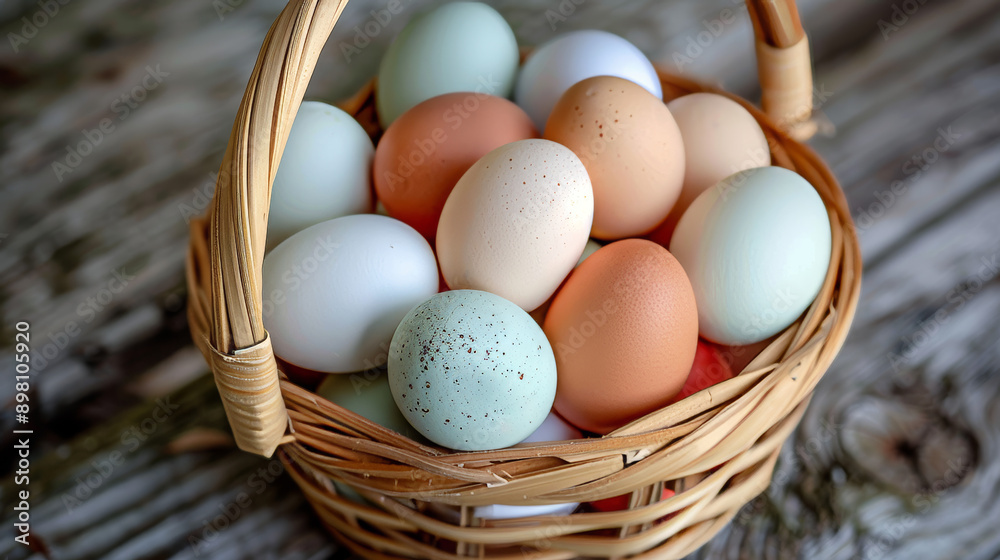 Fresh, colorful eggs in a wooden basket. Fresh, colorful eggs in a wooden basket.