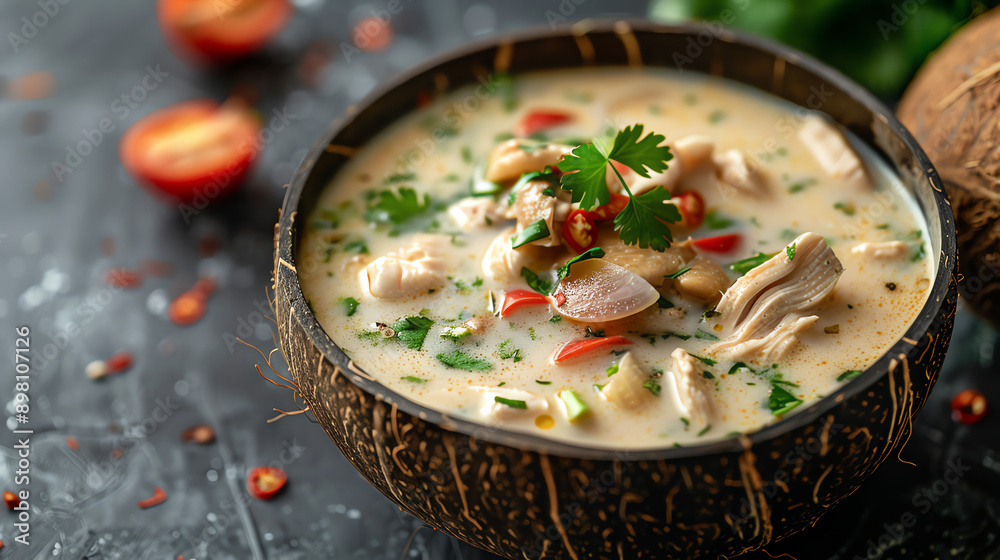 Close Up of Creamy Coconut Chicken Soup in a Coconut Shell Bowl Close Up of Creamy Coconut Chicken Soup in a Coconut Shell Bowl