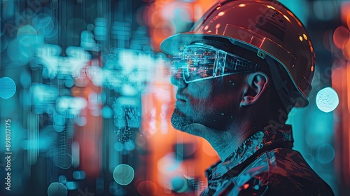 Double exposure image of an engineer and a digital hologram, illustrating the connection between industrial expertise and cutting-edge technology with this inviting photo.