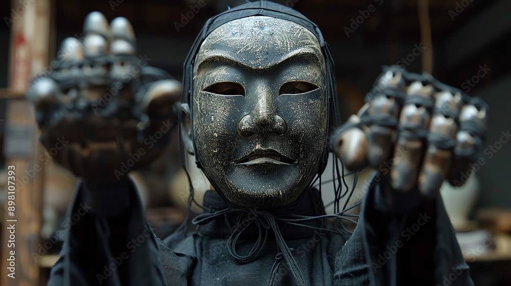 A Masked Figure Wearing Mechanical Gloves Reaches Out With Both Hands A Masked Figure Wearing Mechanical Gloves Reaches Out With Both Hands