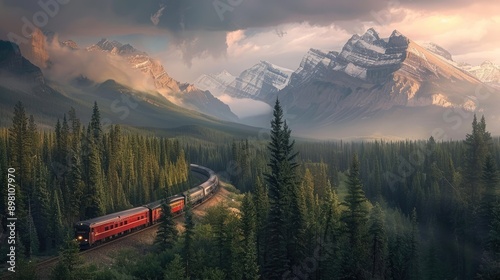 Dramatic view of a train navigating Morant's Curve, surrounded by the awe-inspiring Rocky Mountains in Banff National Park with this inviting photo. photo