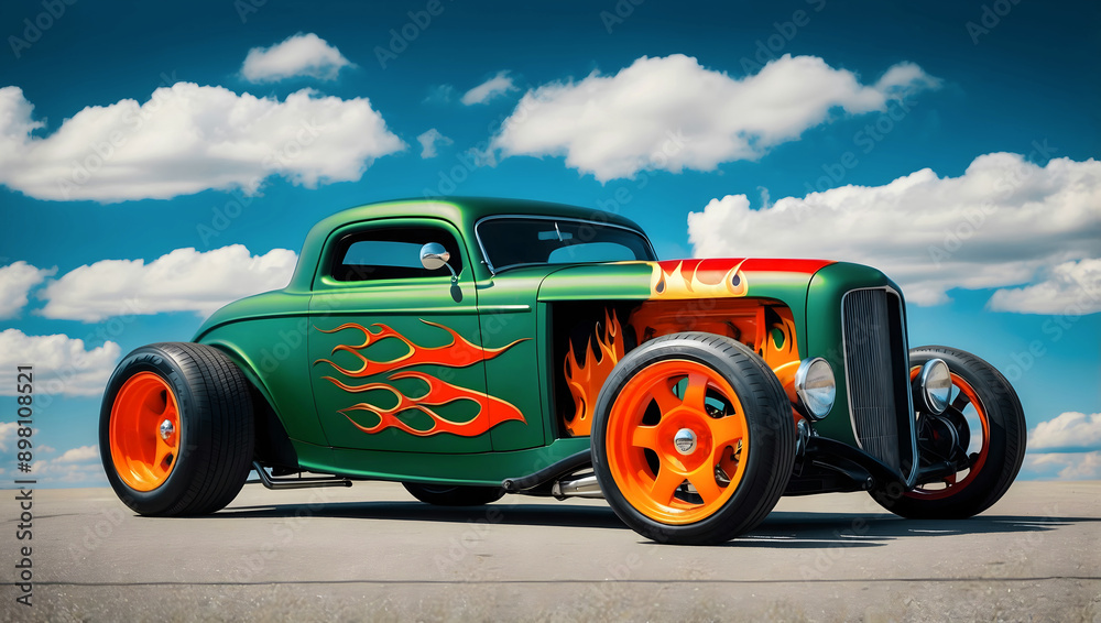 Beautiful unique green vintage hot rod car with fire, automotive background, tuning template, wallpaper, auto transport