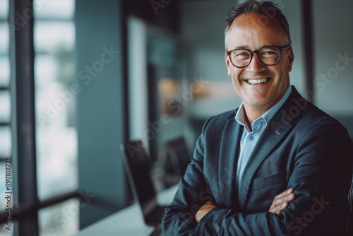 Close-up of a joyful business professional wearing glasses, standing confidently in a modern office setting with a smile. Perfect for corporate and business use. Generative AI © Olsek