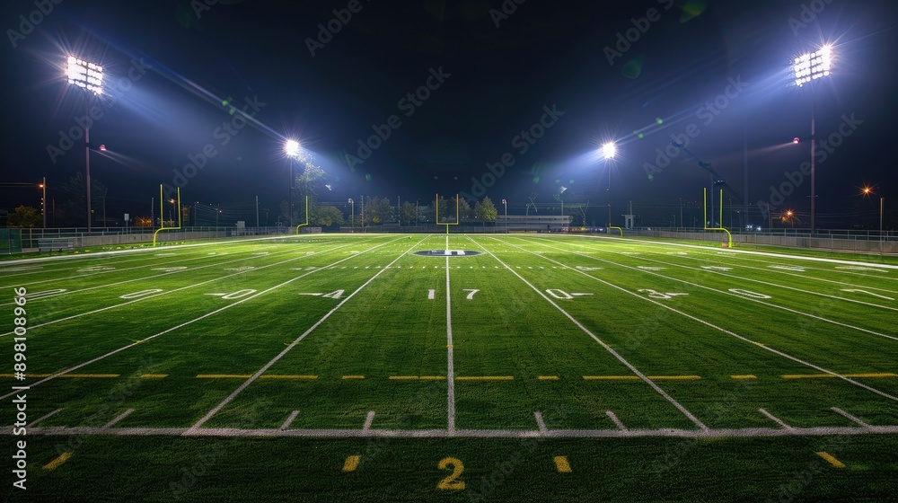 Football field illuminated by stadium lights, showcasing the vibrant atmosphere of a night game with this inviting photo.