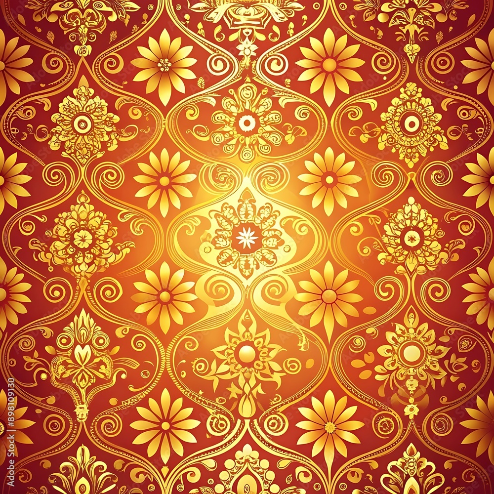 Golden Floral Pattern on Red Background.