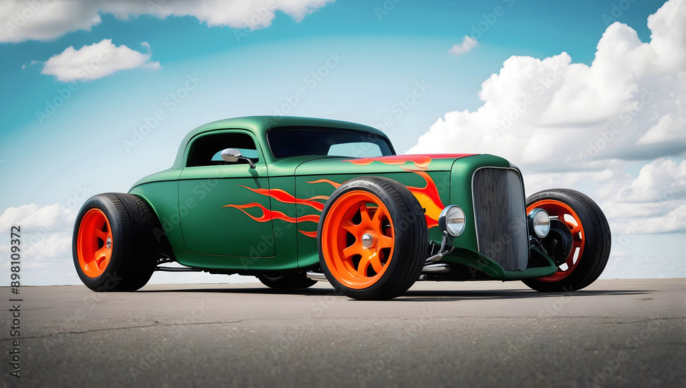 Beautiful unique green vintage hot rod car with fire, automotive background, tuning template, wallpaper, auto transport
