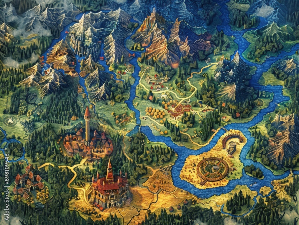 Obraz premium Fantasy map with mountains rivers forests and villages in vibrant colors