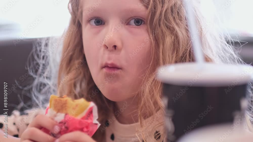 Girl eats fries chiken indoor caffe interior . kid puts food in his mouth and chews. Portrait blond Caucasian curly cute girl sitting at table in fast food restaurant and eating food. 4k. Girl eats fries chiken indoor caffe interior . kid puts food in his mouth and chews. Portrait blond Caucasian curly cute girl sitting at table in fast food restaurant and eating food. 4k.