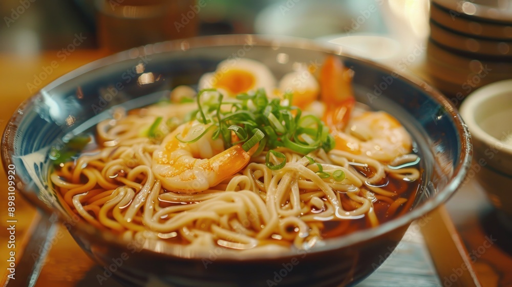 Shrimp and rice noodles in a bowl with garnish. Shrimp and rice noodles in a bowl with garnish.