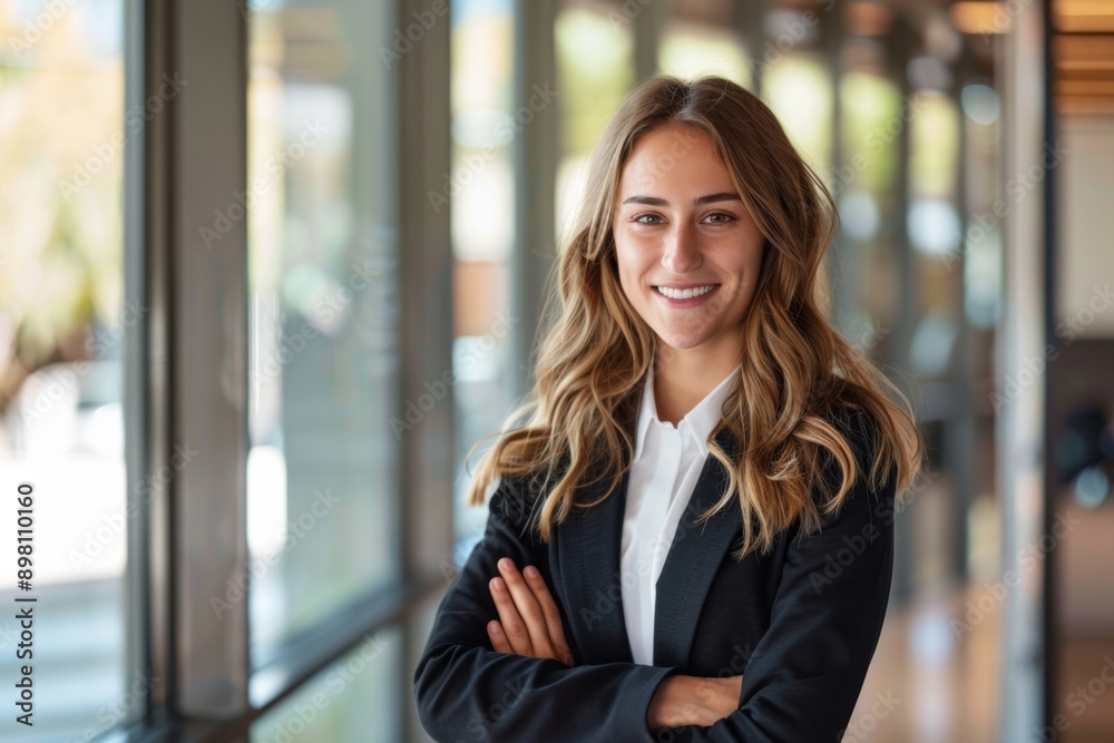 Naklejka premium Professional woman standing confidently in a modern corridor. Bright and welcoming ambiance. Ideal for business or corporate purposes. High-quality photo with natural lighting. Generative AI