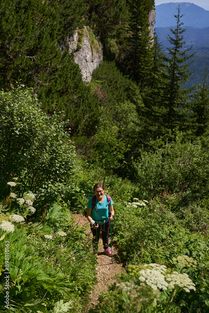 Hiker with backpack and poles on a trail in the mountains Hiker with backpack and poles on a trail in the mountains