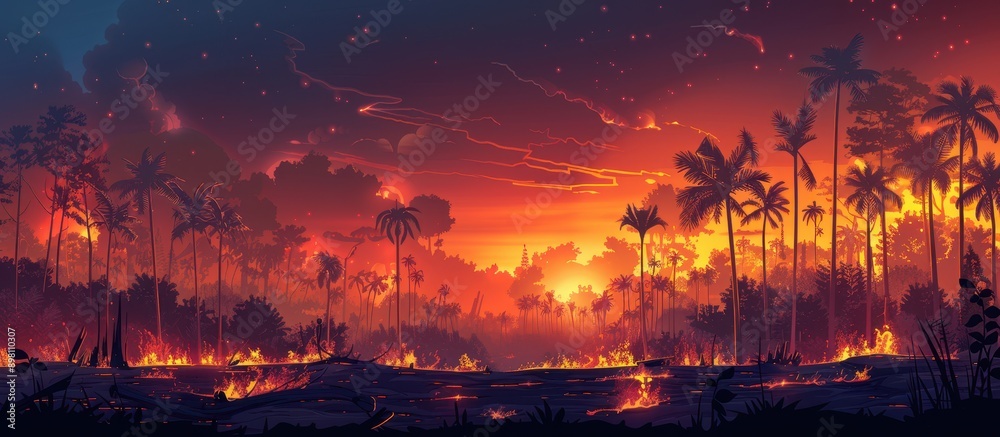 Dramatic Sunset Over Burning Forest with Palm Trees and Smoke in the Sky Dramatic Sunset Over Burning Forest with Palm Trees and Smoke in the Sky