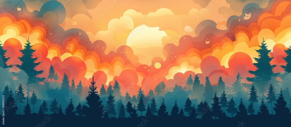 Stunning Sunset Over Forest with Vibrant Clouds and Silhouetted Trees in a Serene Landscape Stunning Sunset Over Forest with Vibrant Clouds and Silhouetted Trees in a Serene Landscape