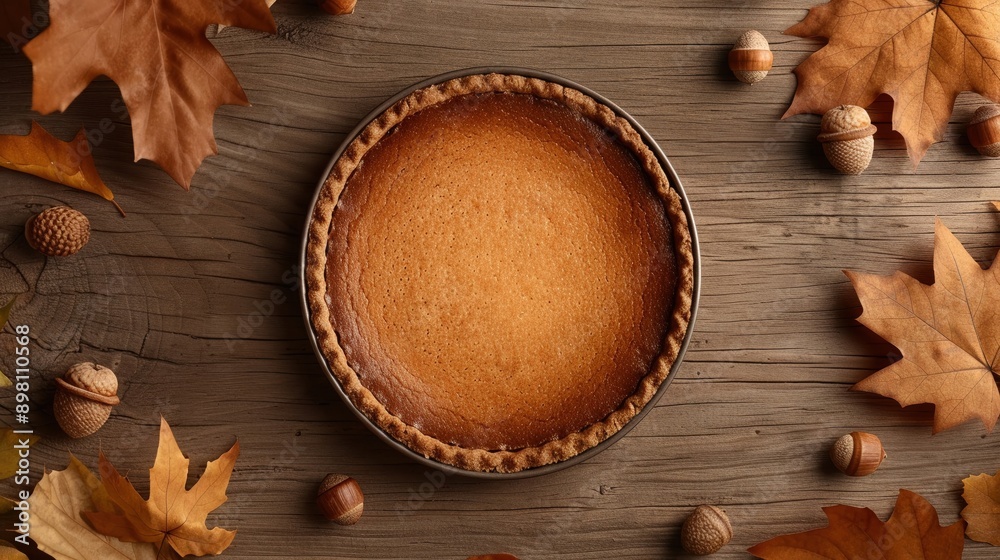 Delicious Homemade Pumpkin Pie on Rustic Wooden Table with Autumn Leaves and Acorns - Perfect for Thanksgiving and Fall Celebrations Delicious Homemade Pumpkin Pie on Rustic Wooden Table with Autumn Leaves and Acorns - Perfect for Thanksgiving and Fall Celebrations