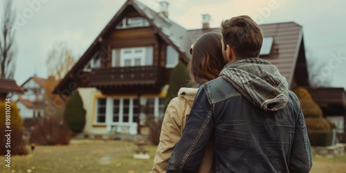 A couple embracing on a snowy day with residential houses in the background. © vefimov