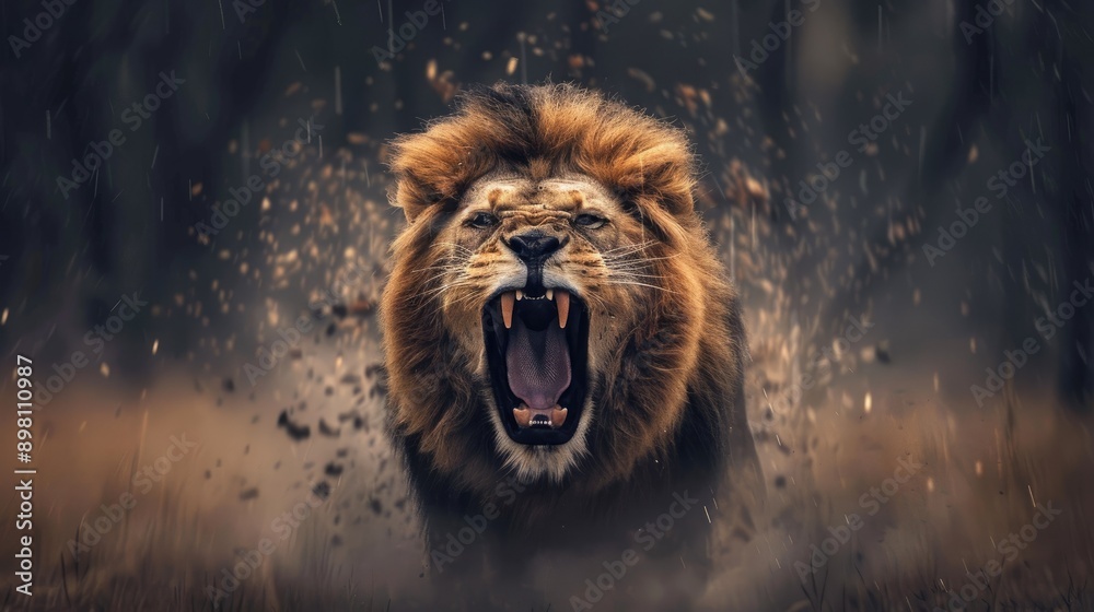 Naklejka premium Lion roaring powerfully, showcasing its strength and wild beauty in an awe-inspiring and dangerous moment with this inviting photo.