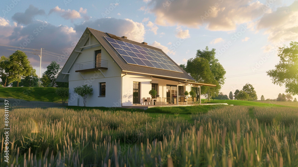 A modern house equipped with solar panels on the roof, showcasing sustainable living and renewable energy integration in residential architecture. A modern house equipped with solar panels on the roof, showcasing sustainable living and renewable energy integration in residential architecture.