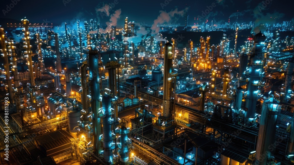 Nighttime aerial view of illuminated oil refineries and chemical plants in an industrial zone, showcasing the vibrant activity with this inviting photo. a Nighttime aerial view of illuminated oil refineries and chemical plants in an industrial zone, showcasing the vibrant activity with this inviting photo. a