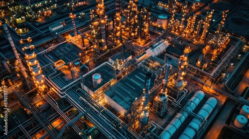 Nighttime aerial view of illuminated oil refineries and chemical plants in an industrial zone, showcasing the vibrant activity with this inviting photo. a