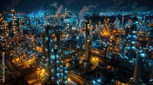 Wallpaper Mural Nighttime aerial view of illuminated oil refineries and chemical plants in an industrial zone, showcasing the vibrant activity with this inviting photo. a Torontodigital.ca