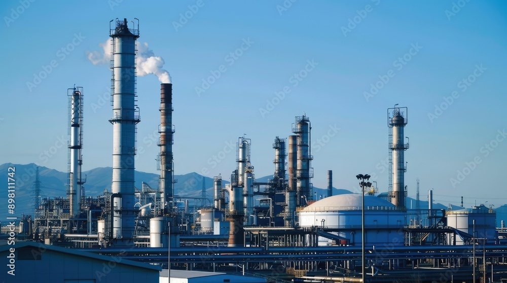 Oil refineries and chemical plants with towering chimneys and storage tanks, set against a clear blue sky in an industrial area with this inviting photo. Oil refineries and chemical plants with towering chimneys and storage tanks, set against a clear blue sky in an industrial area with this inviting photo.