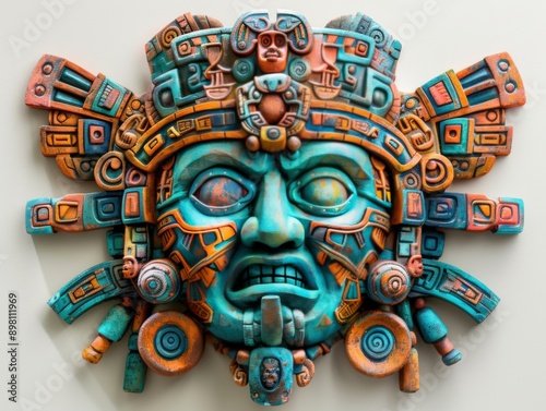 Detailed aztec mask with turquoise and orange accents photo