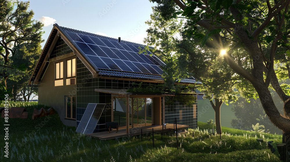 A modern house equipped with solar panels on the roof, showcasing sustainable living and renewable energy integration in residential architecture. A modern house equipped with solar panels on the roof, showcasing sustainable living and renewable energy integration in residential architecture.