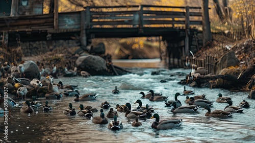 Ducks on a lake in an autumn park with a bridge 