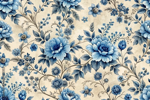 A classic and timeless blue floral pattern delicately designed on an off-white vintage background