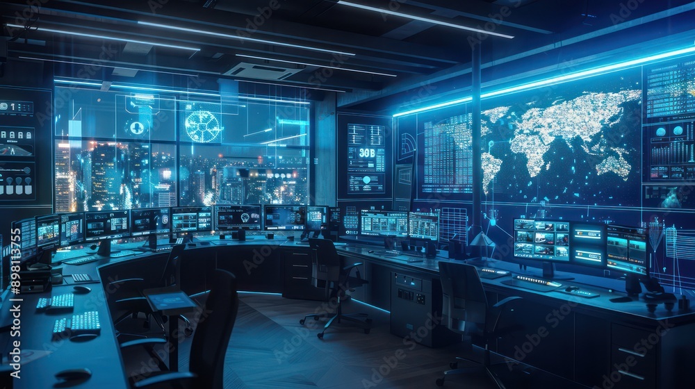 Fototapeta premium digital public safety command center where officials monitor urban security through a network of connected devices and AI algorithms